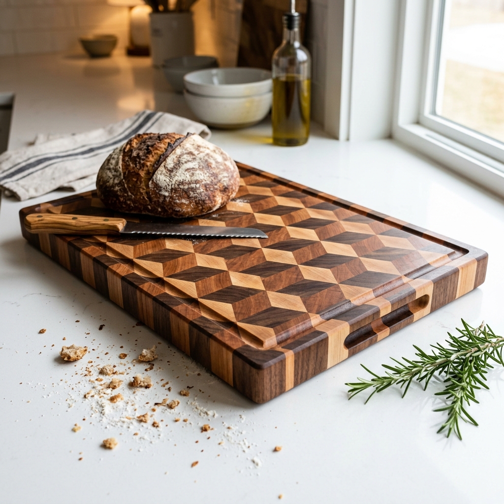 Geometric end-grain cherry and maple cutting board with juice groove