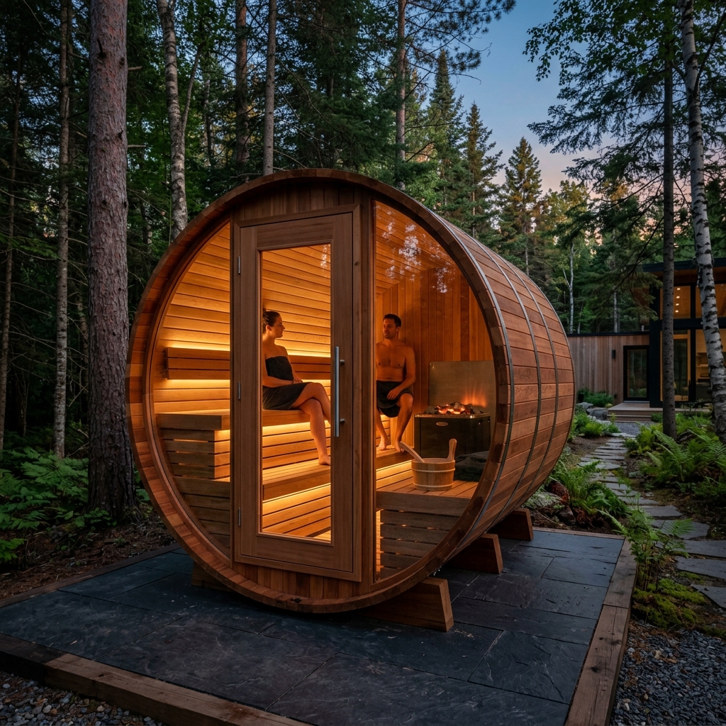 Outdoor barrel cedar sauna with glass wall in snow wood