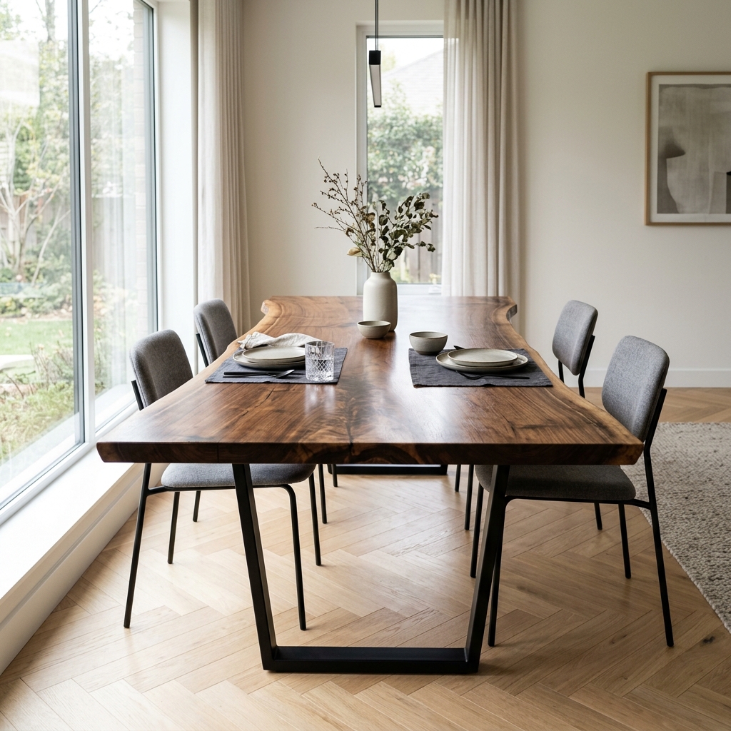 Bespoke live edge walnut dining table with steel legs